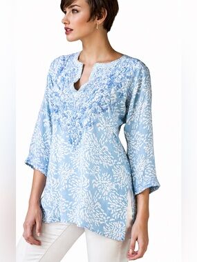 Amaya Textiles Astrid Blue 100% Silk Embroidered Tunic Top V-Neck 3/4 Sleeve M